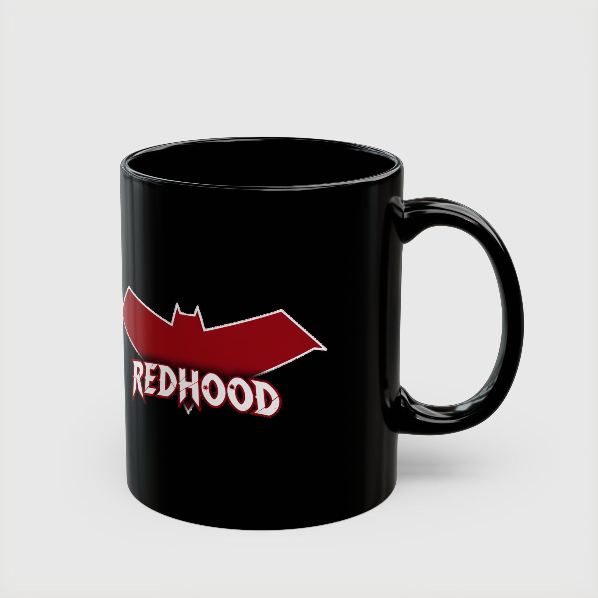 Red Hood Outlaw Symbol Black Ceramic Mug - Jason Todd Coffee Cup - Bold Red Bat Emblem Design - 11oz & 15oz