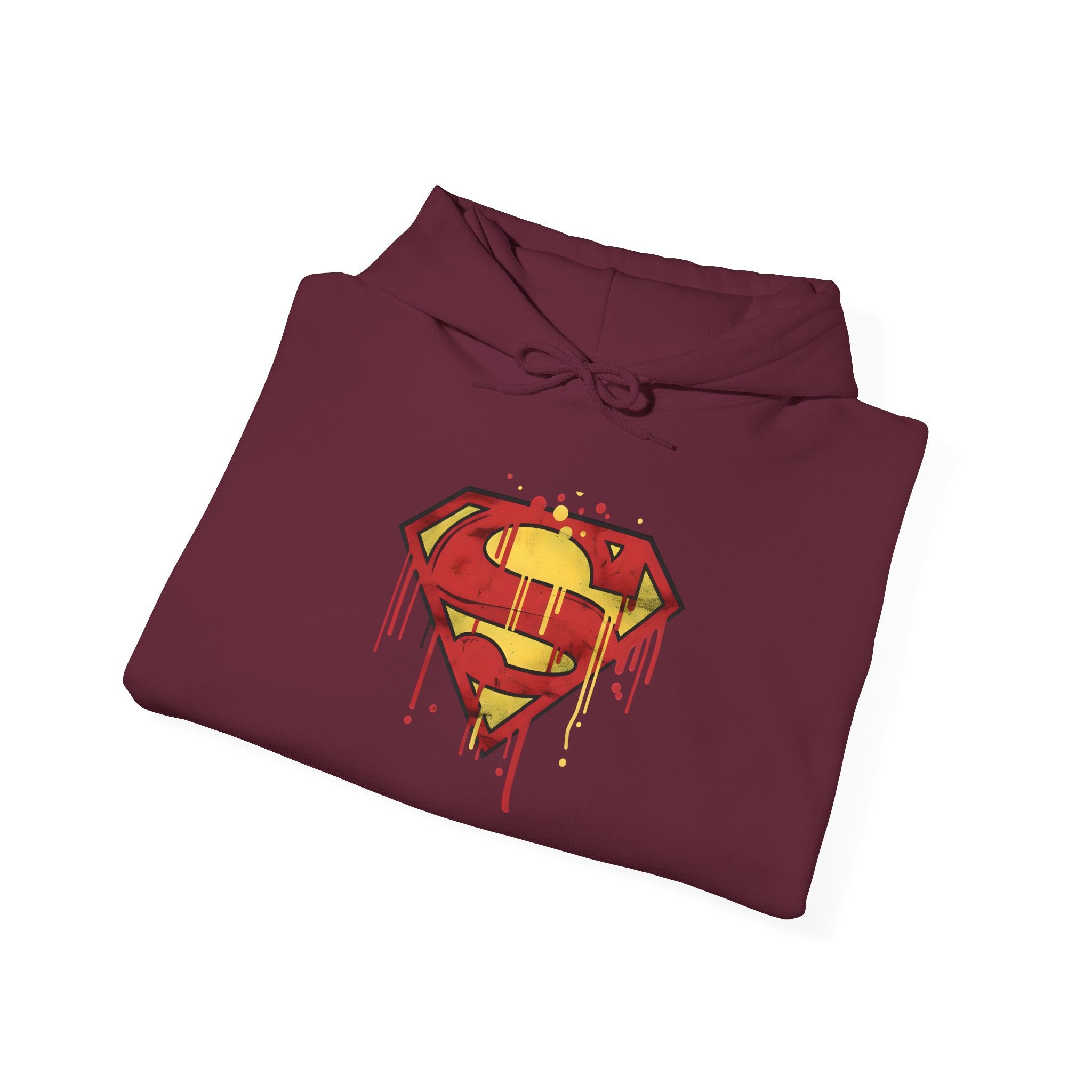 Dripping Superman Emblem Hoodie — Retro Grunge Bleeding Superman Pullover