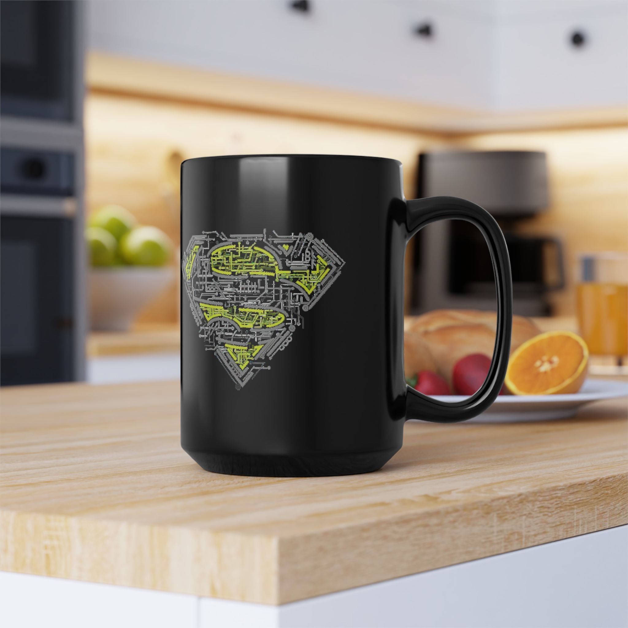 DC Superman Cyborg Logo Coffee Mug — Neon Tech Superman Shield Coffee Cup (11oz/15oz)
