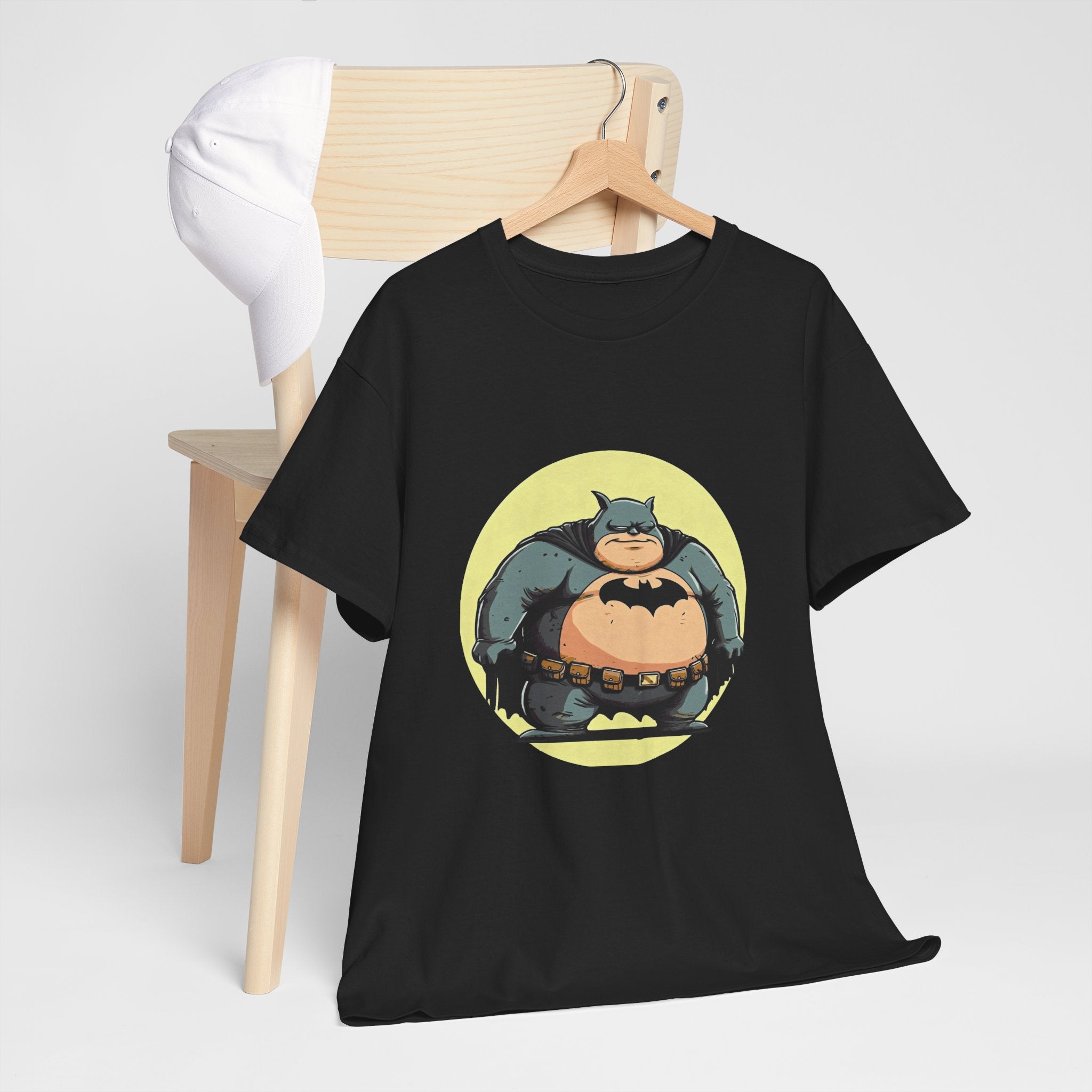 Funny Chubby Bat Hero T‑Shirt — Cute Fat Batman Parody Tee