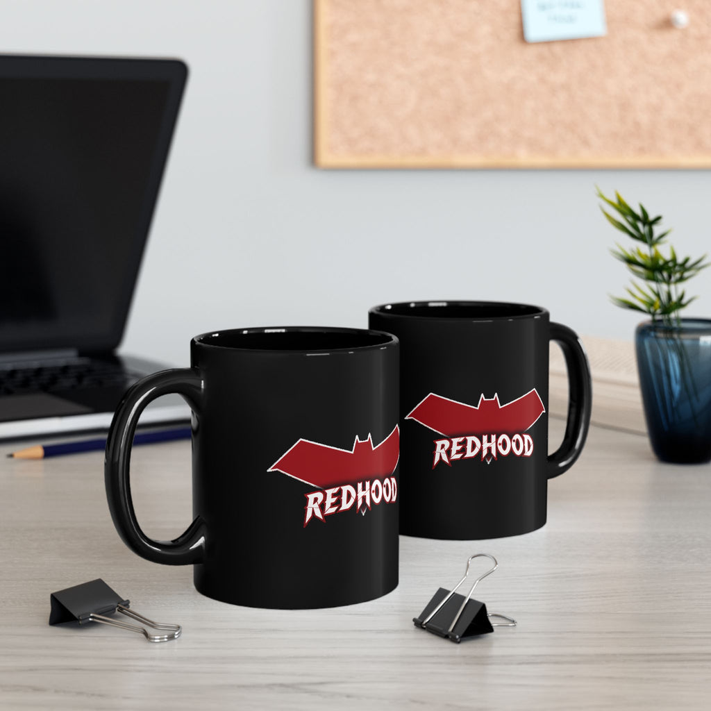 Red Hood Outlaw Symbol Black Ceramic Mug - Jason Todd Coffee Cup - Bold Red Bat Emblem Design - 11oz & 15oz