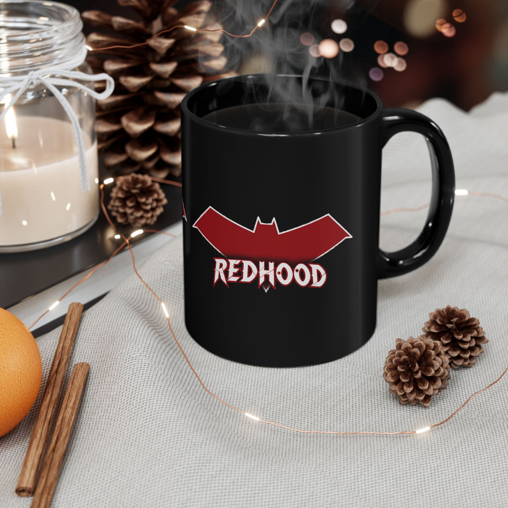 Red Hood Outlaw Symbol Black Ceramic Mug - Jason Todd Coffee Cup - Bold Red Bat Emblem Design - 11oz & 15oz