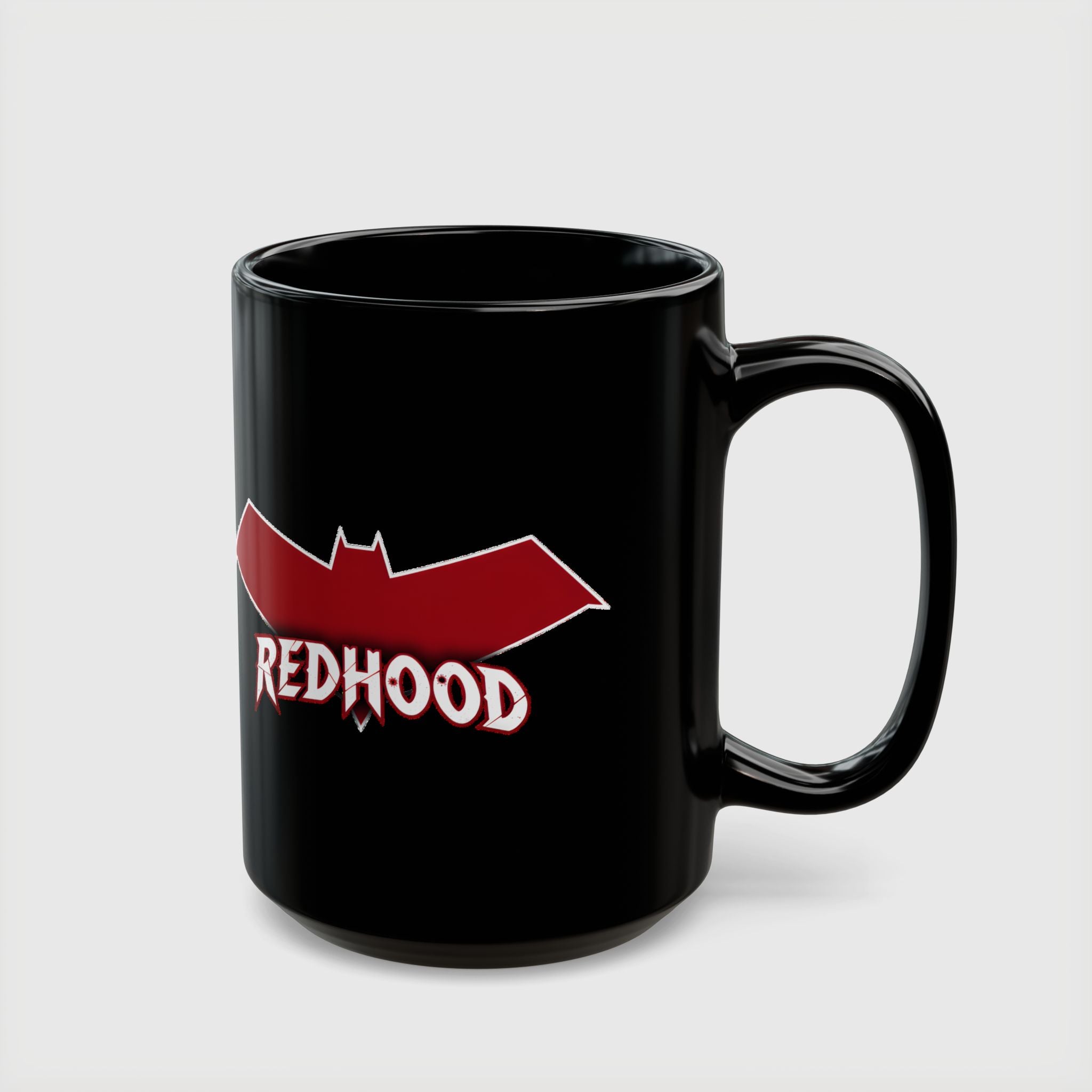 Red Hood Outlaw Symbol Black Ceramic Mug - Jason Todd Coffee Cup - Bold Red Bat Emblem Design - 11oz & 15oz