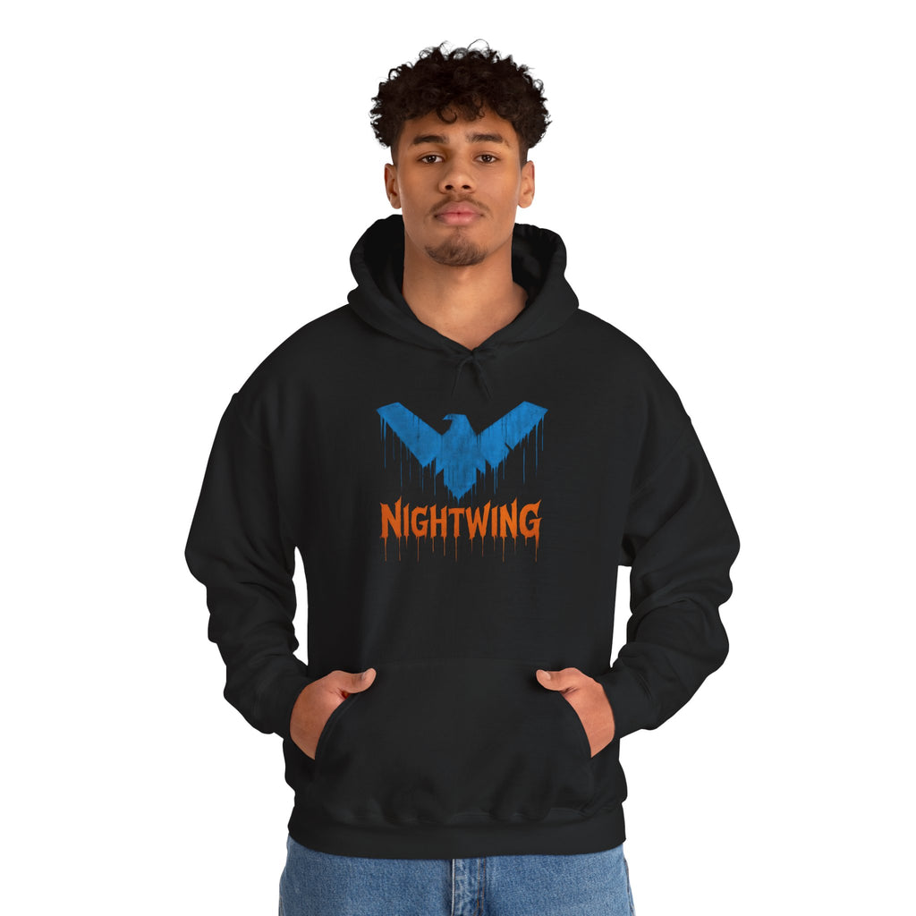 Nightwing Logo Hoodie — Dick Grayson Blue Bat Graphic Pullover