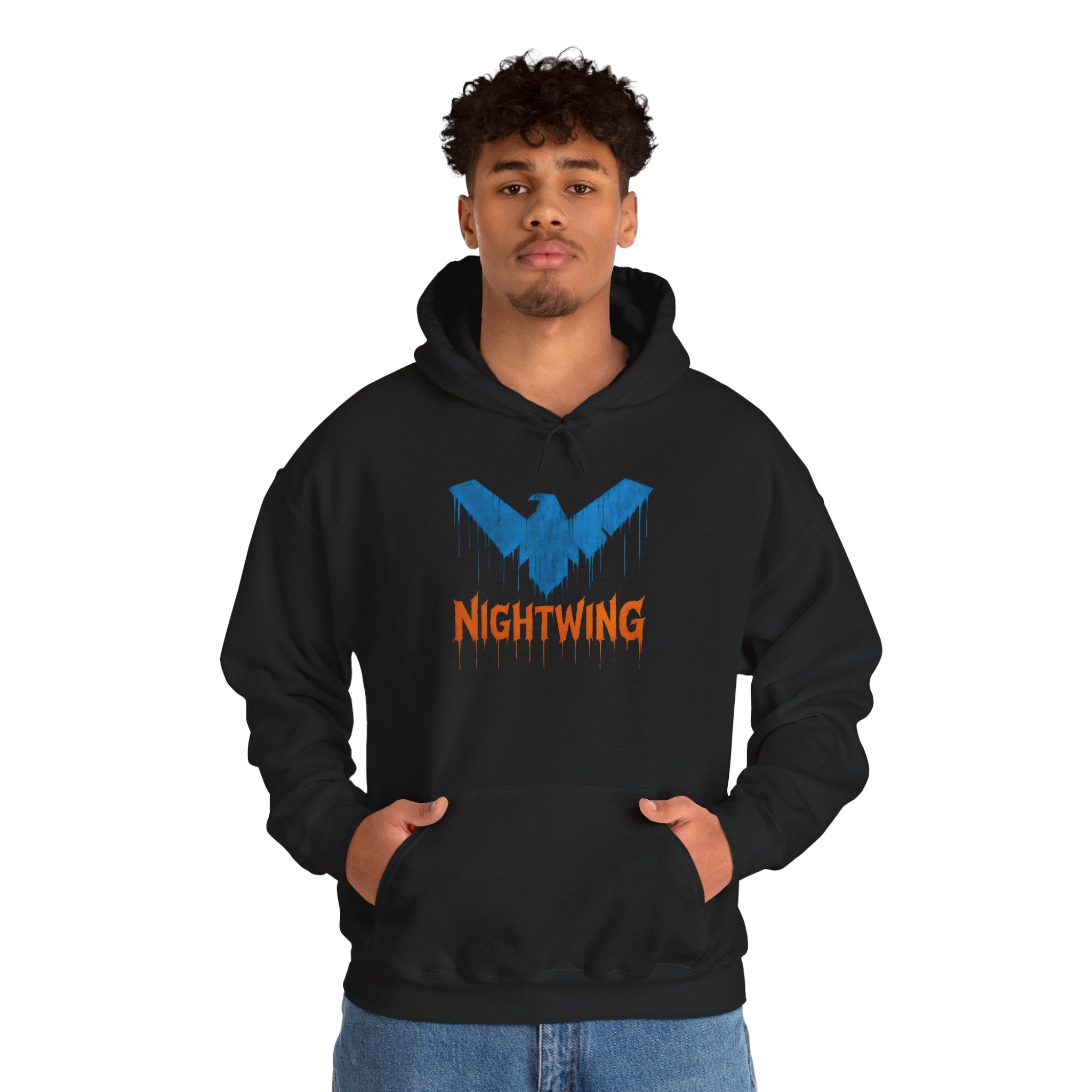 Nightwing Logo Hoodie — Dick Grayson Blue Bat Graphic Pullover