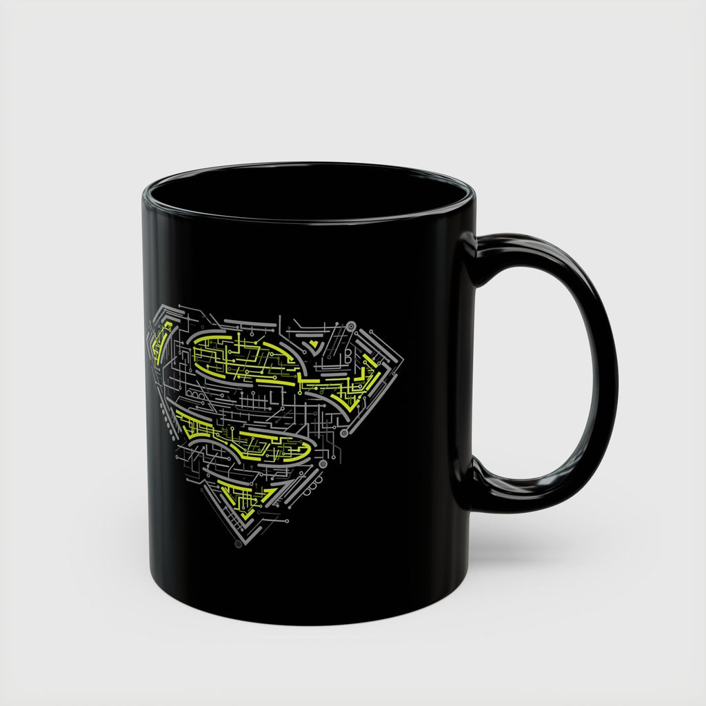 DC Superman Cyborg Logo Coffee Mug — Neon Tech Superman Shield Coffee Cup (11oz/15oz)