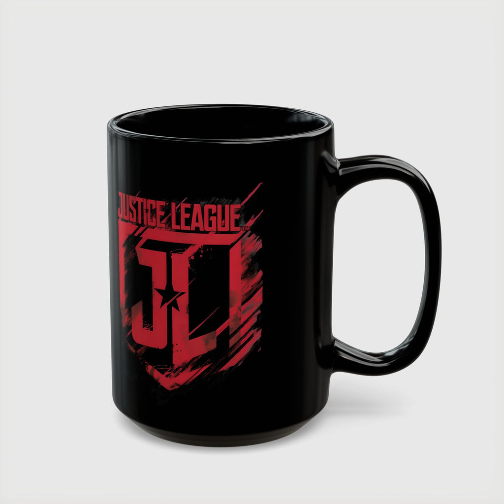 Justice League Logo Black Mug — Red Emblem Coffee Ceramic Cup (11oz/15oz)