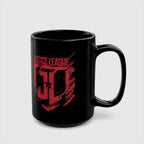 Justice League Logo Black Mug — Red Emblem Coffee Ceramic Cup (11oz/15oz)