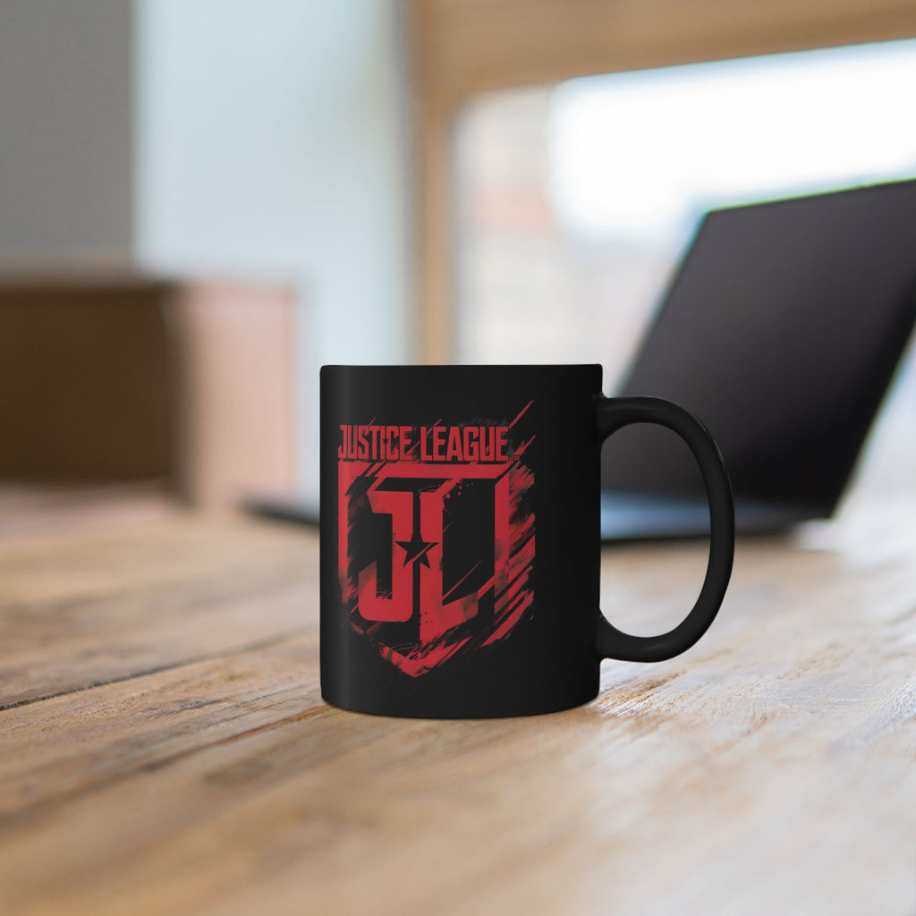 Justice League Logo Black Mug — Red Emblem Coffee Ceramic Cup (11oz/15oz)