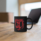 Justice League Logo Black Mug — Red Emblem Coffee Ceramic Cup (11oz/15oz)