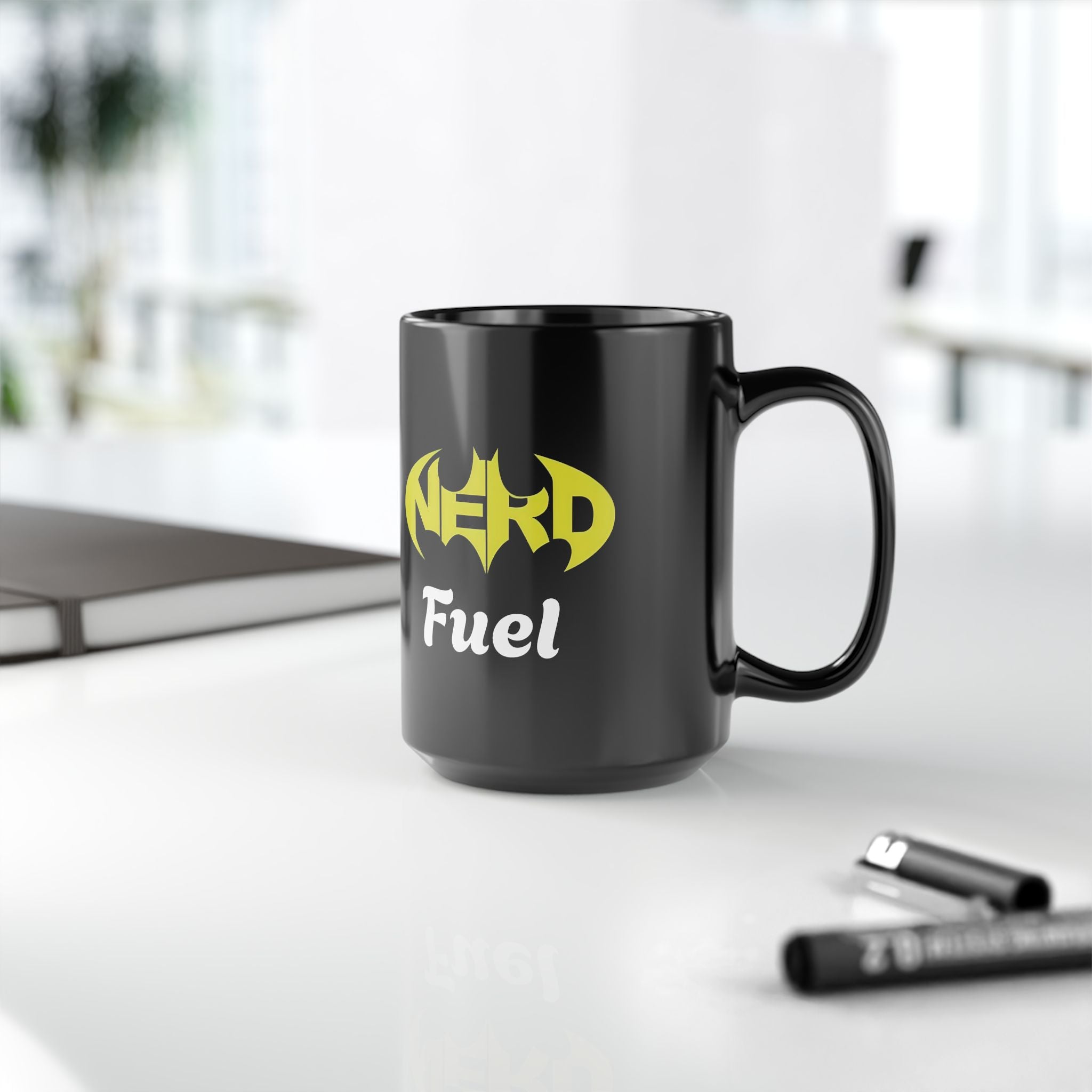 Nerd Fuel Black Morning Coffee Mug — Nerd Batman Logo 11oz/15oz