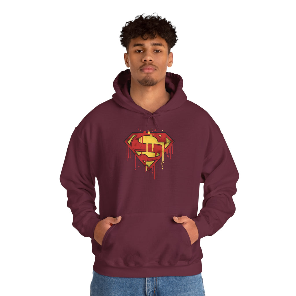 Dripping Superman Emblem Hoodie — Retro Grunge Bleeding Superman Pullover