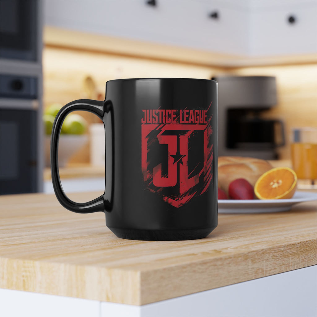 Justice League Logo Black Mug — Red Emblem Coffee Ceramic Cup (11oz/15oz)