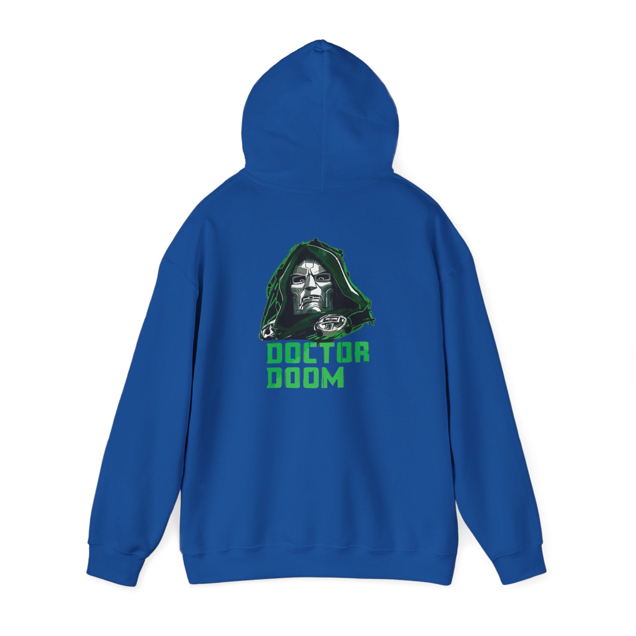 Doctor Doom Avengers Hoodie — Villain Portrait & Back Text Graphic
