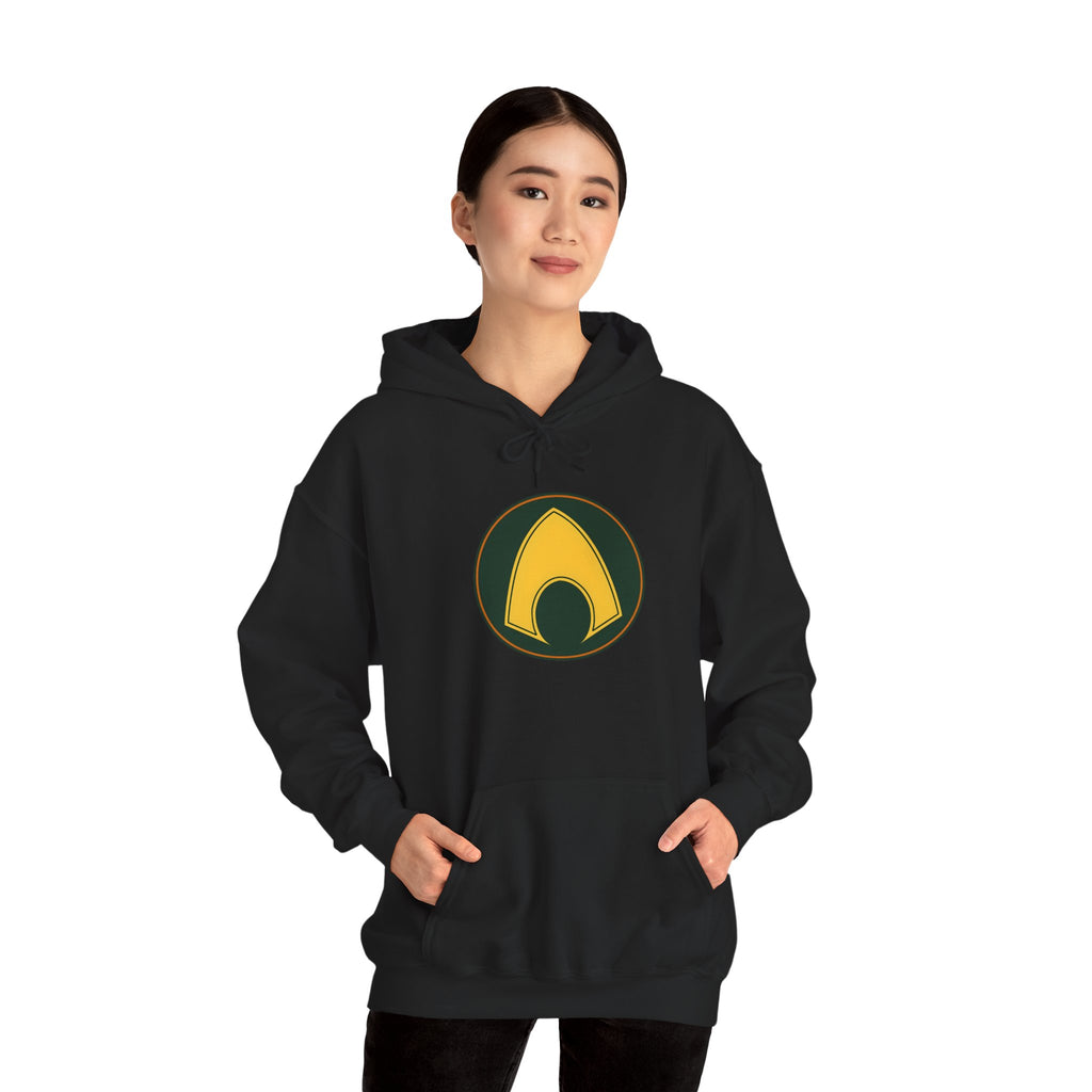Aquaman Shield Hoodie — Retro Green & Gold Emblem Pullover