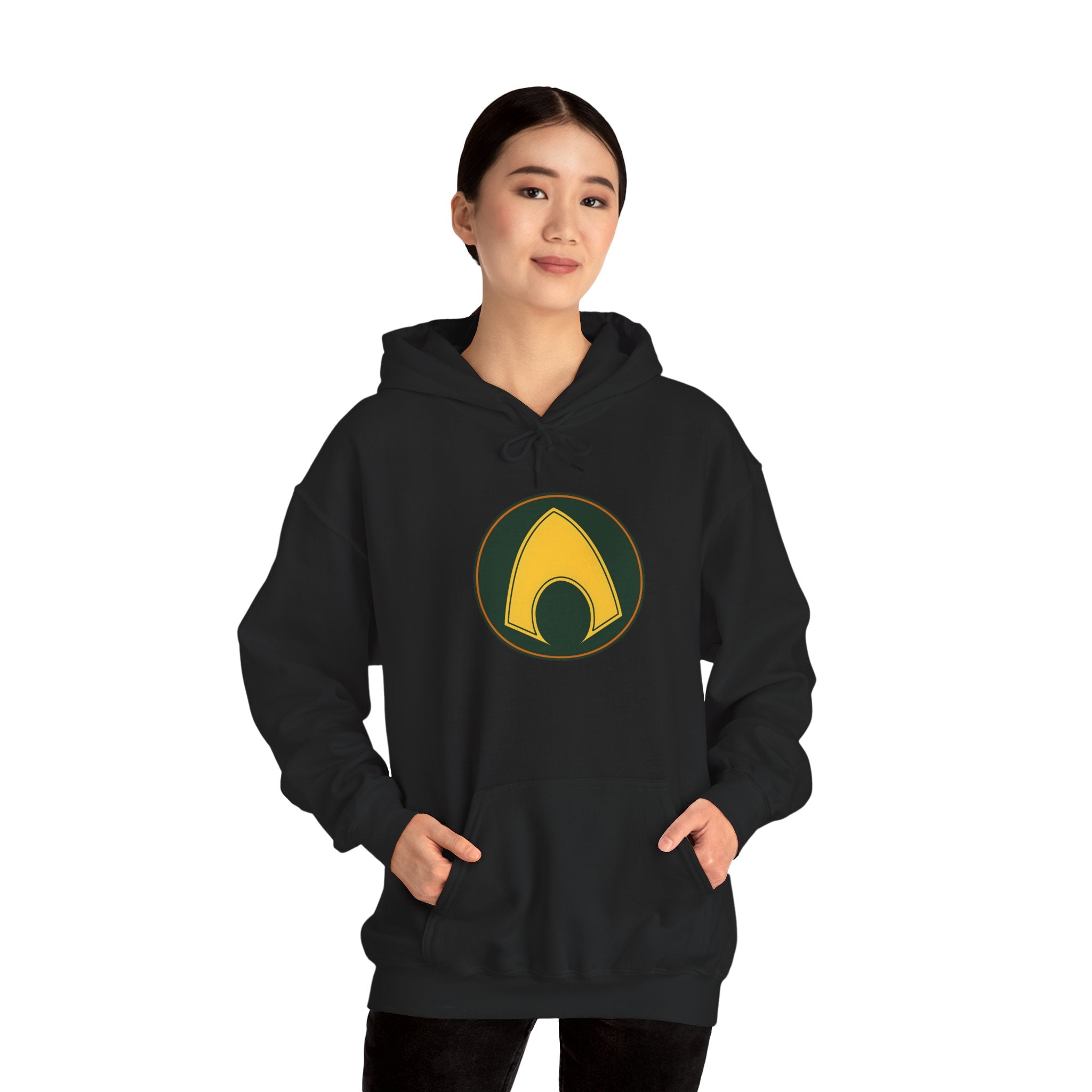 Aquaman Shield Hoodie — Retro Green & Gold Emblem Pullover