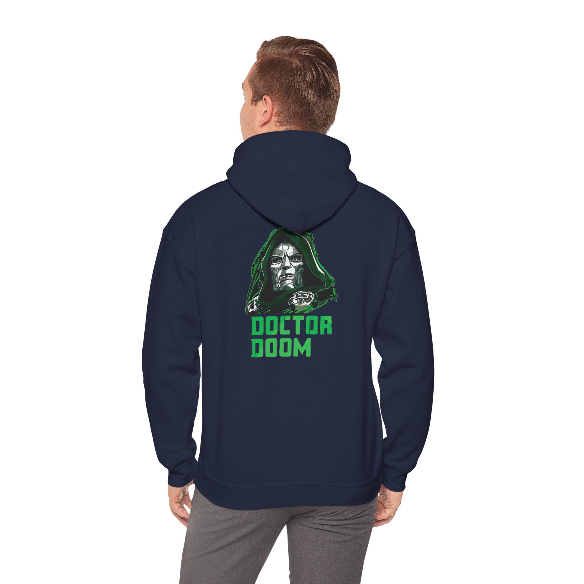 Doctor Doom Avengers Hoodie — Villain Portrait & Back Text Graphic