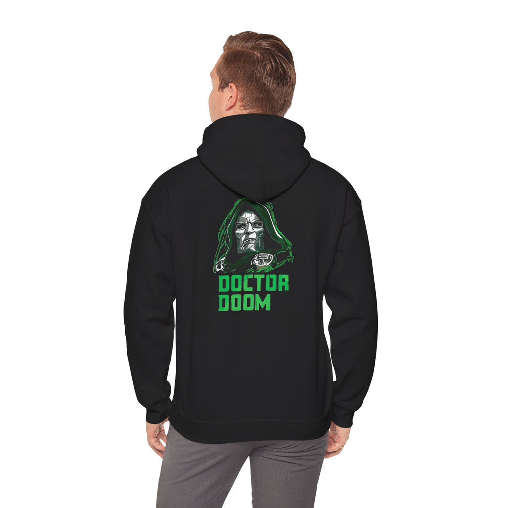 Doctor Doom Avengers Hoodie — Villain Portrait & Back Text Graphic