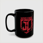 Justice League Logo Black Mug — Red Emblem Coffee Ceramic Cup (11oz/15oz)
