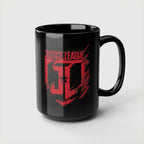 Justice League Logo Black Mug — Red Emblem Coffee Ceramic Cup (11oz/15oz)