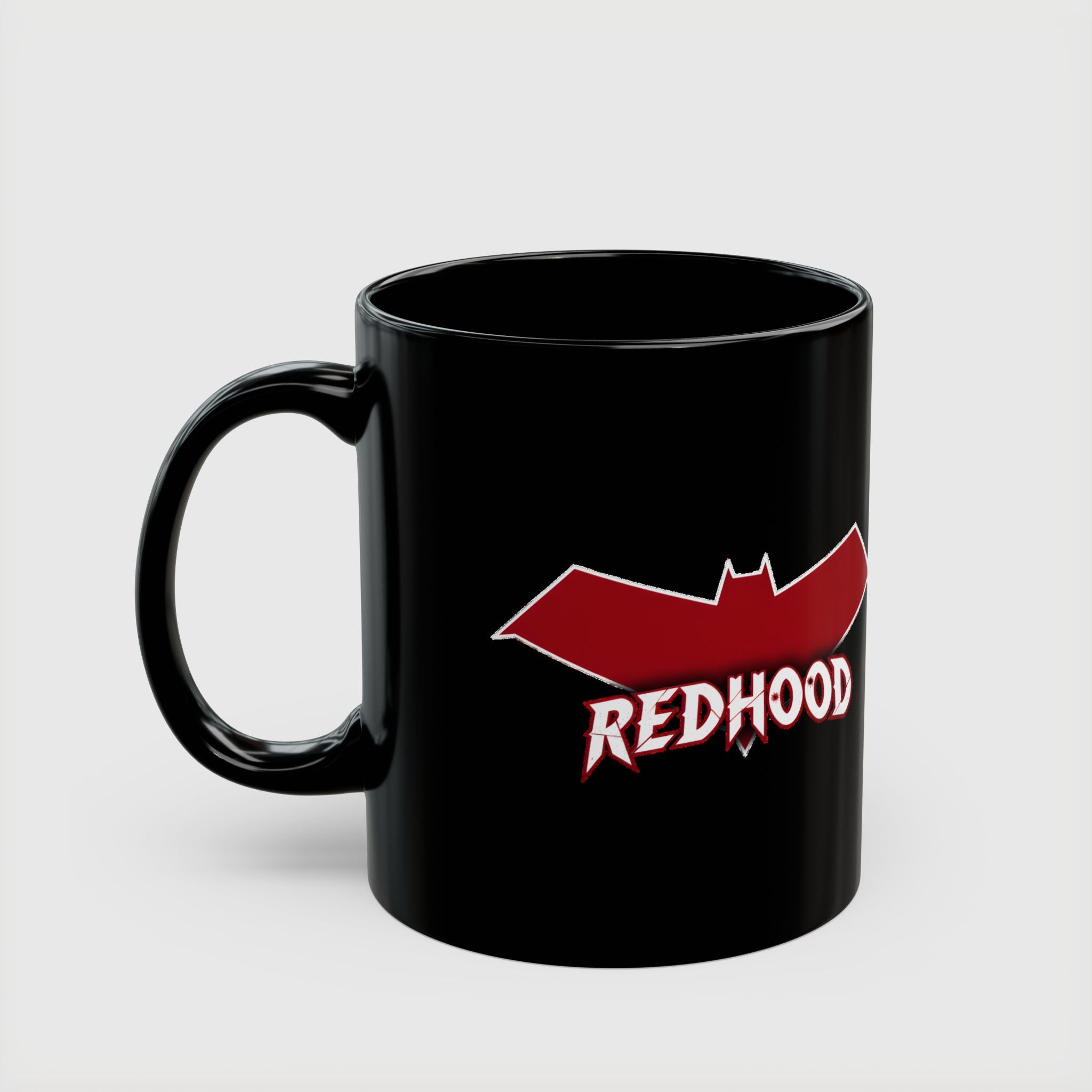 Red Hood Outlaw Symbol Black Ceramic Mug - Jason Todd Coffee Cup - Bold Red Bat Emblem Design - 11oz & 15oz