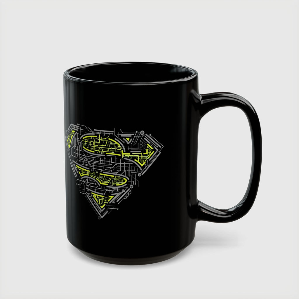 DC Superman Cyborg Logo Coffee Mug — Neon Tech Superman Shield Coffee Cup (11oz/15oz)