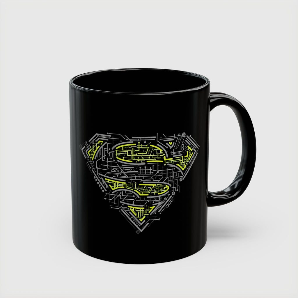 DC Superman Cyborg Logo Coffee Mug — Neon Tech Superman Shield Coffee Cup (11oz/15oz)