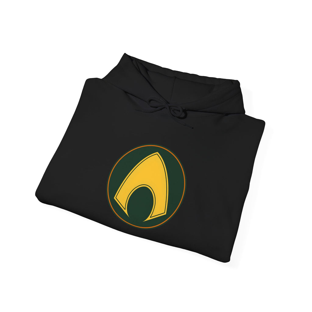 Aquaman Shield Hoodie — Retro Green & Gold Emblem Pullover