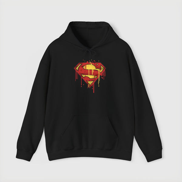 Dripping Superman Emblem Hoodie — Retro Grunge Bleeding Superman Pullover