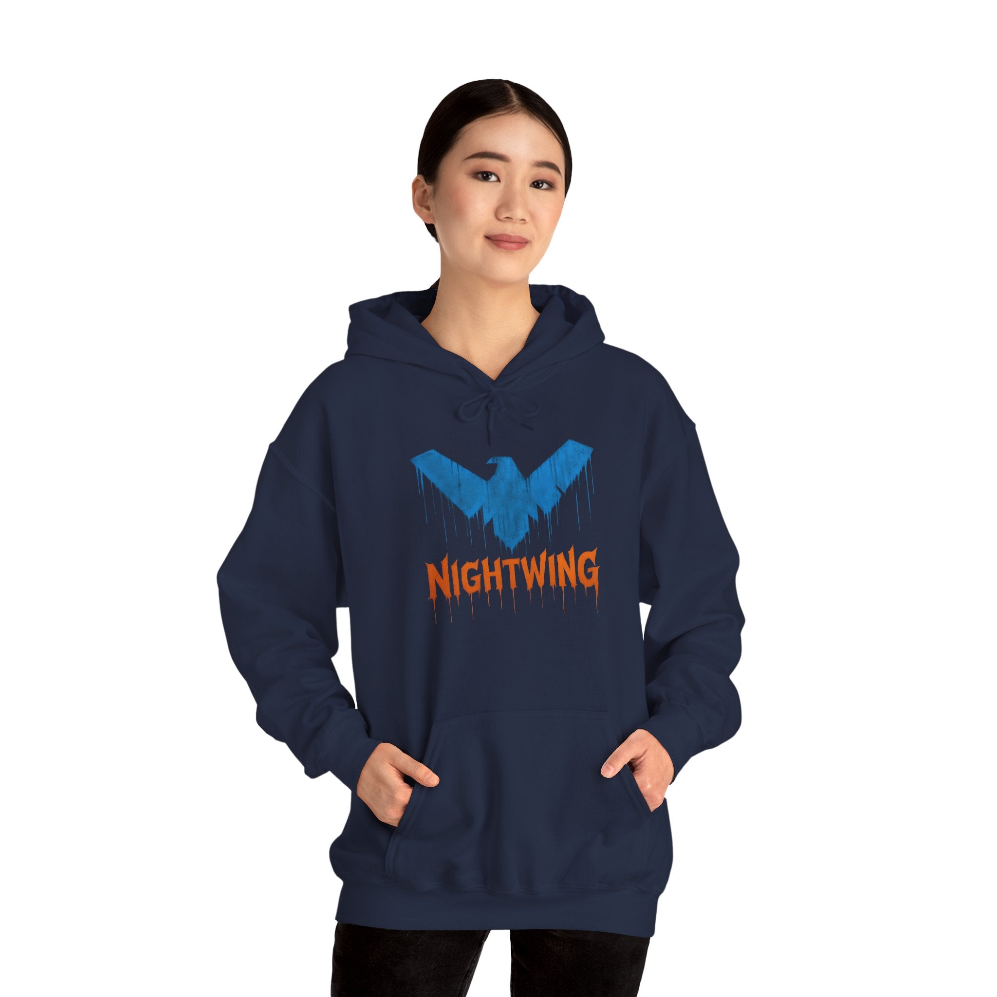 Nightwing Logo Hoodie — Dick Grayson Blue Bat Graphic Pullover