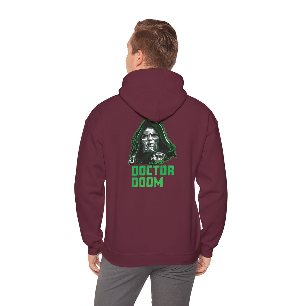 Doctor Doom Avengers Hoodie — Villain Portrait & Back Text Graphic