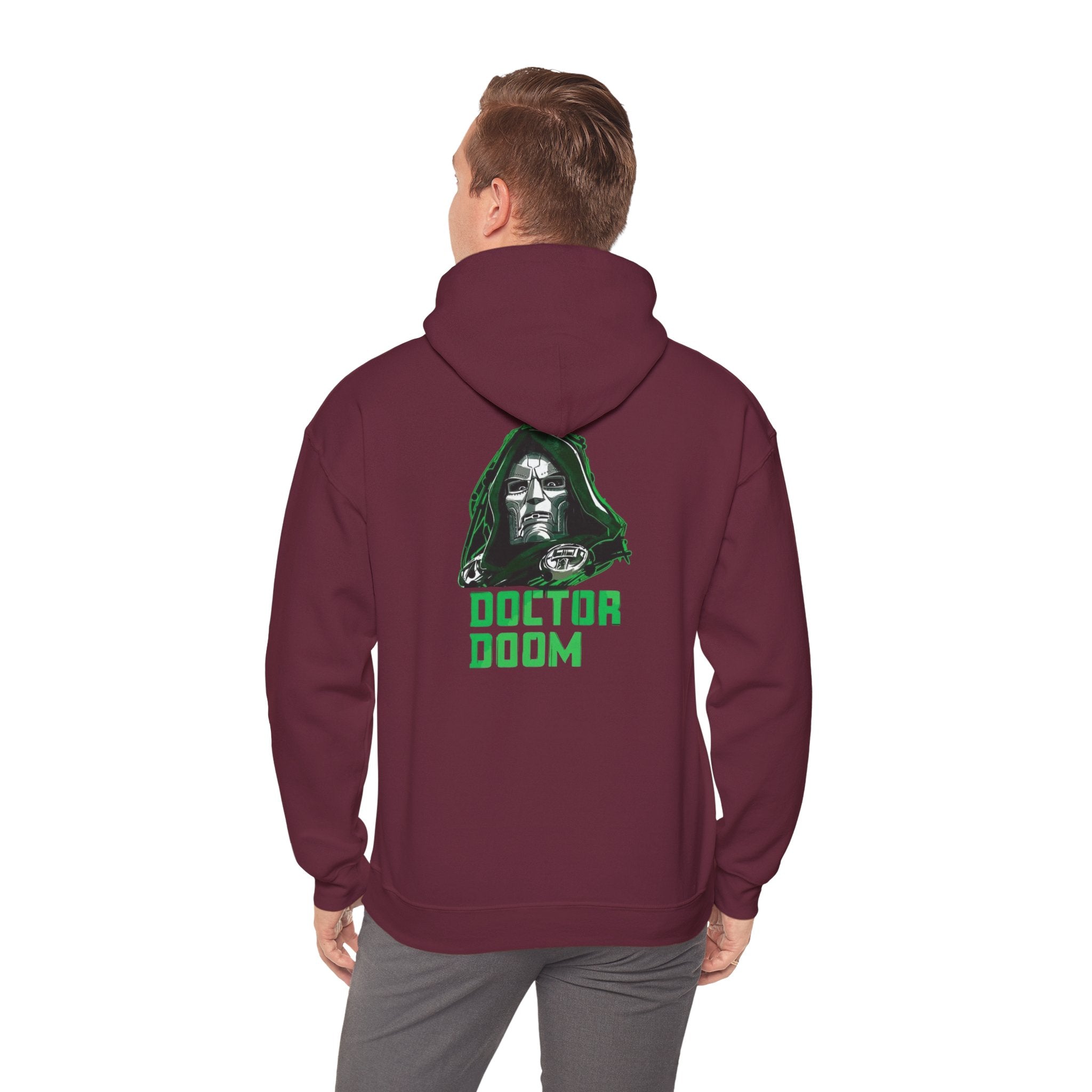 Doctor Doom Avengers Hoodie — Villain Portrait & Back Text Graphic