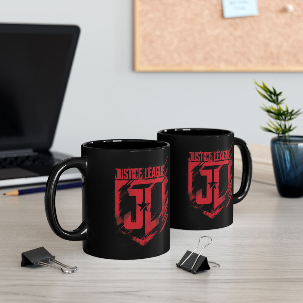 Justice League Logo Black Mug — Red Emblem Coffee Ceramic Cup (11oz/15oz)