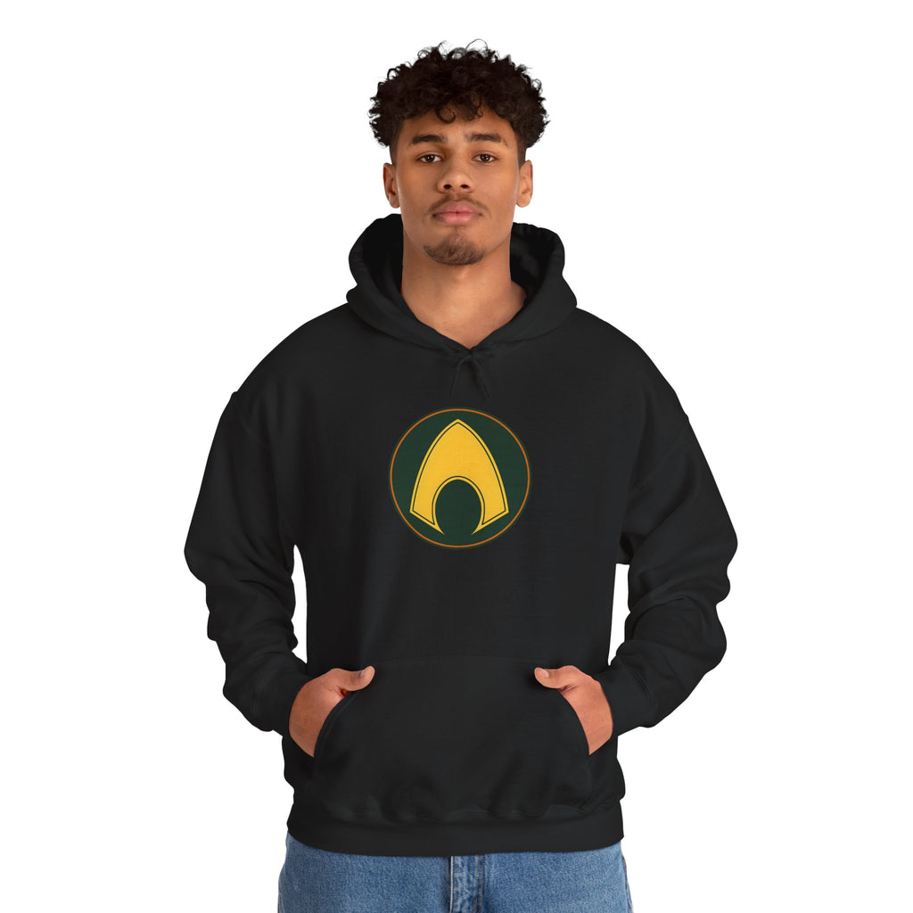 Aquaman Shield Hoodie — Retro Green & Gold Emblem Pullover