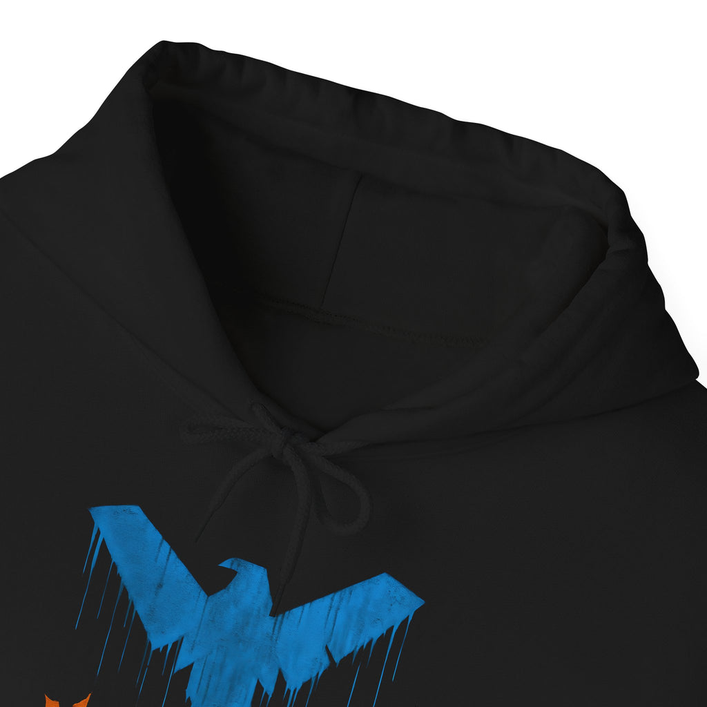 Nightwing Logo Hoodie — Dick Grayson Blue Bat Graphic Pullover