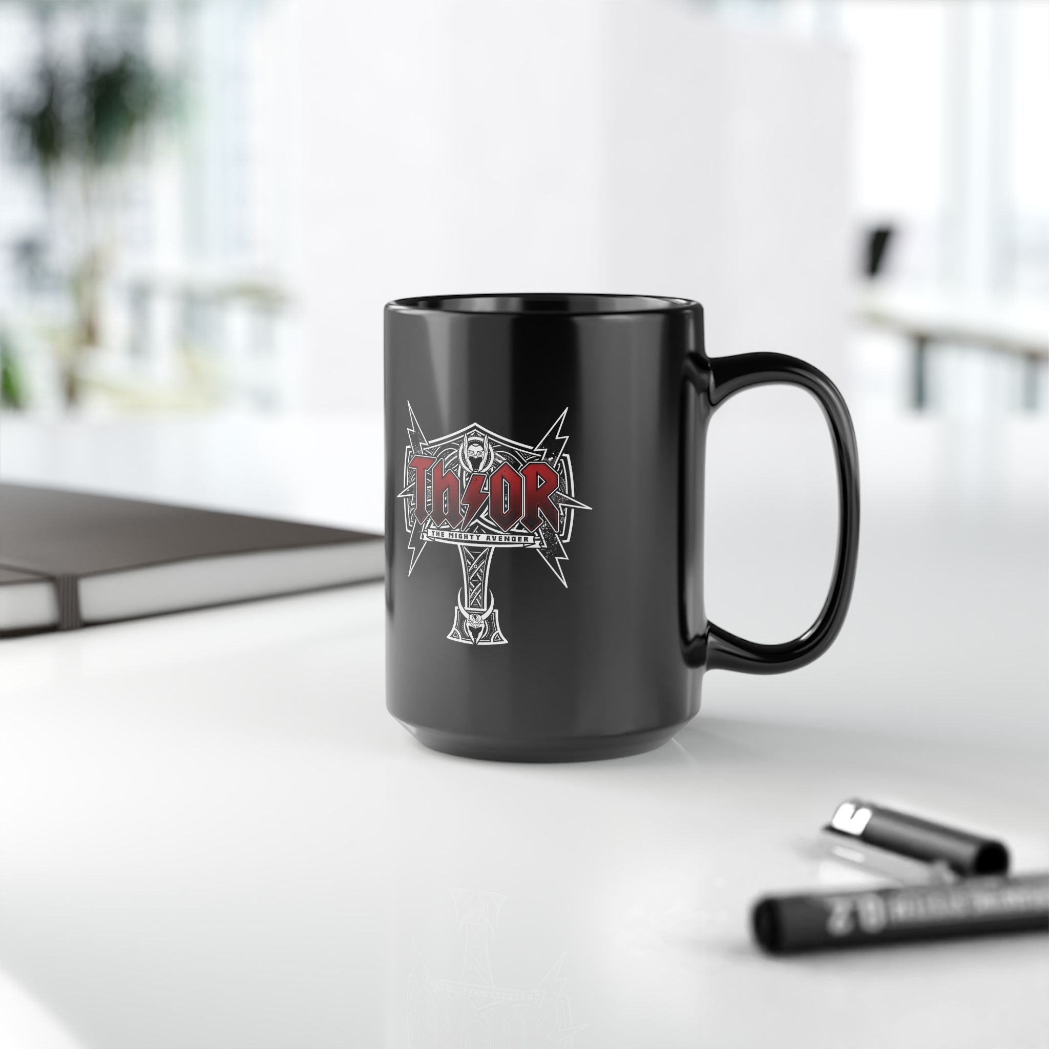 Thor Hammer Black Coffee Mug — Marvel Norse Mythology 11oz/15oz