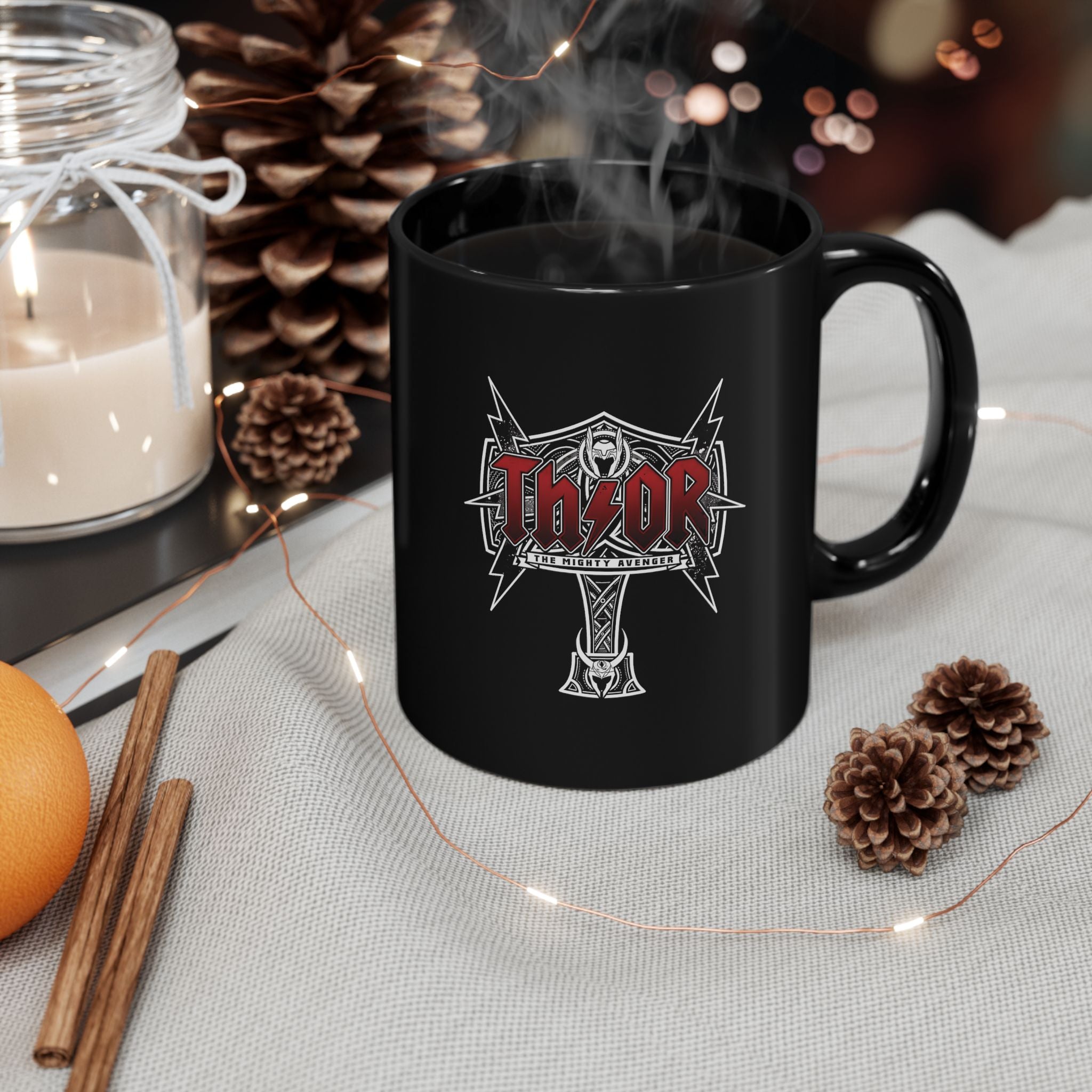 Thor Hammer Black Coffee Mug — Marvel Norse Mythology 11oz/15oz