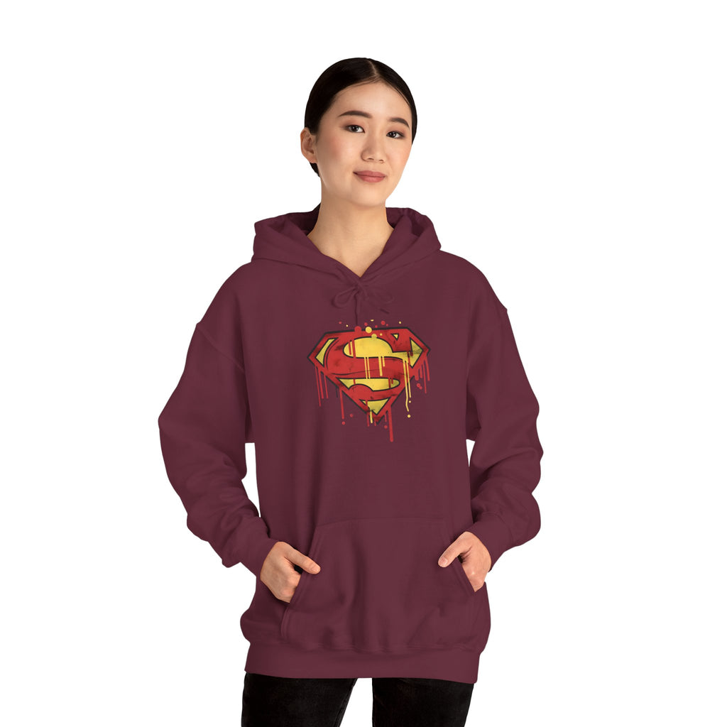 Dripping Superman Emblem Hoodie — Retro Grunge Bleeding Superman Pullover