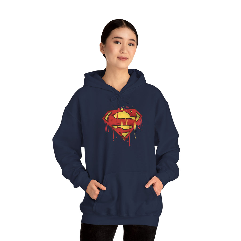 Dripping Superman Emblem Hoodie — Retro Grunge Bleeding Superman Pullover