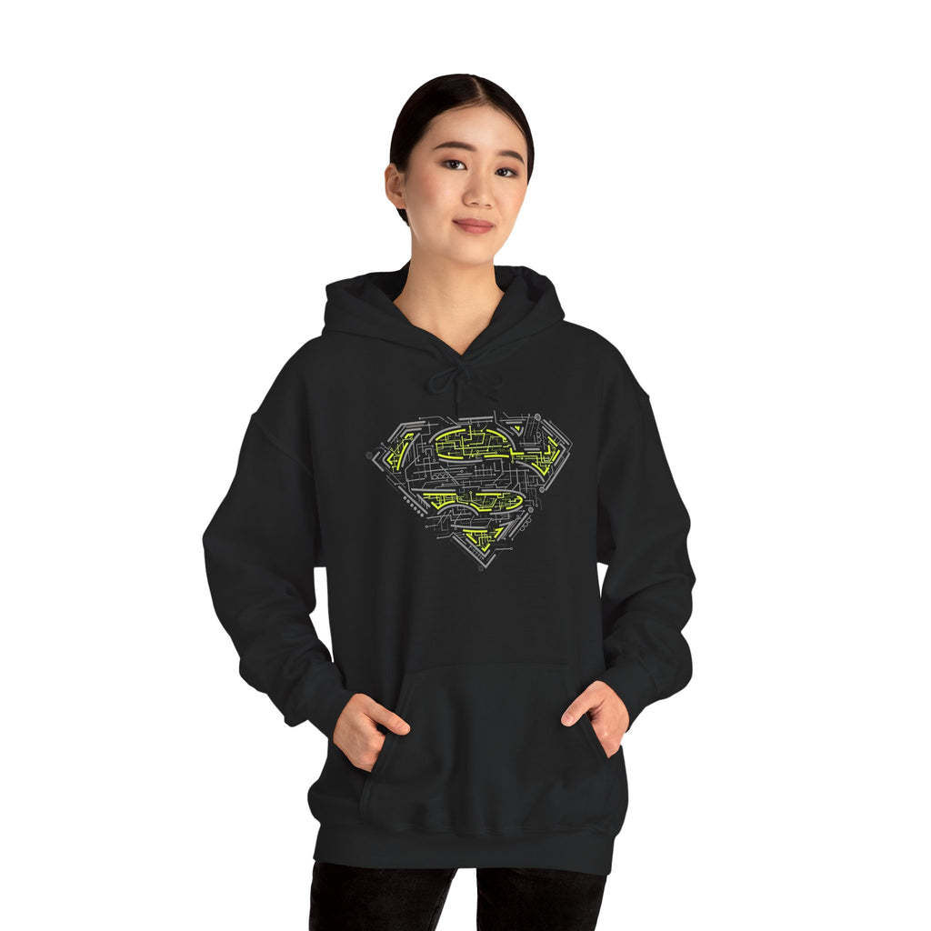 Superman Tech Shield Hoodie — Futuristic Man of Steel Fanart Logo Pullover