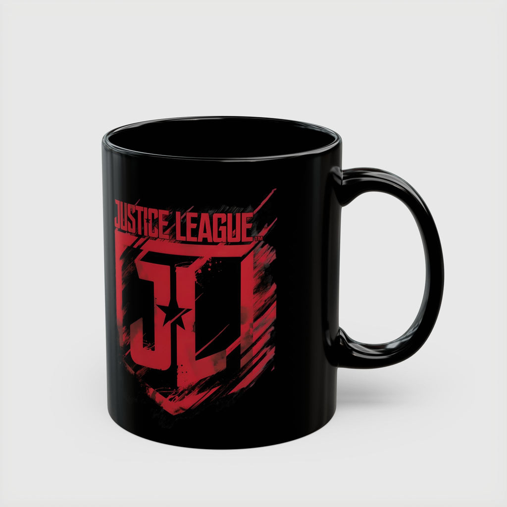 Justice League Logo Black Mug — Red Emblem Coffee Ceramic Cup (11oz/15oz)