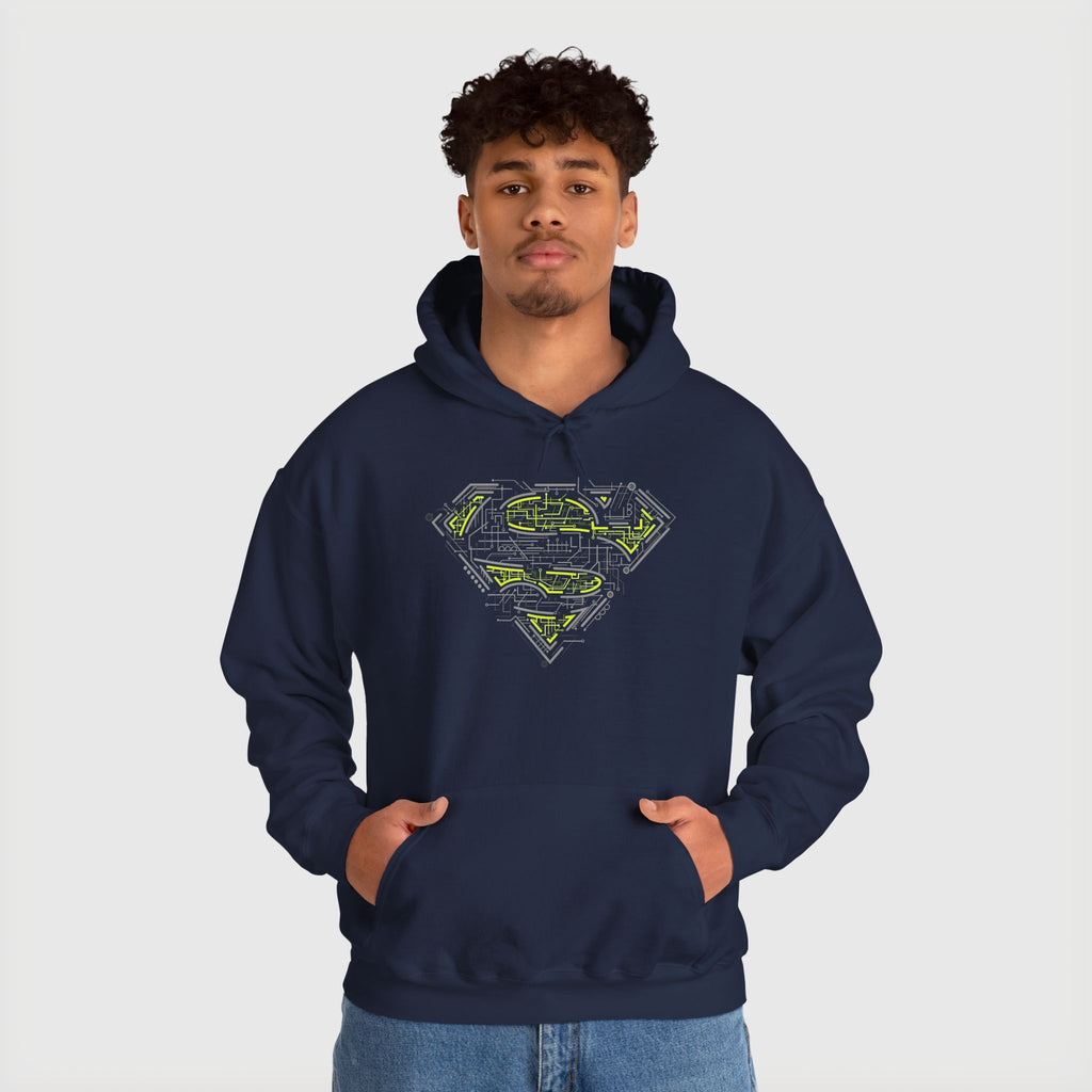 Superman Tech Shield Hoodie — Futuristic Man of Steel Fanart Logo Pullover