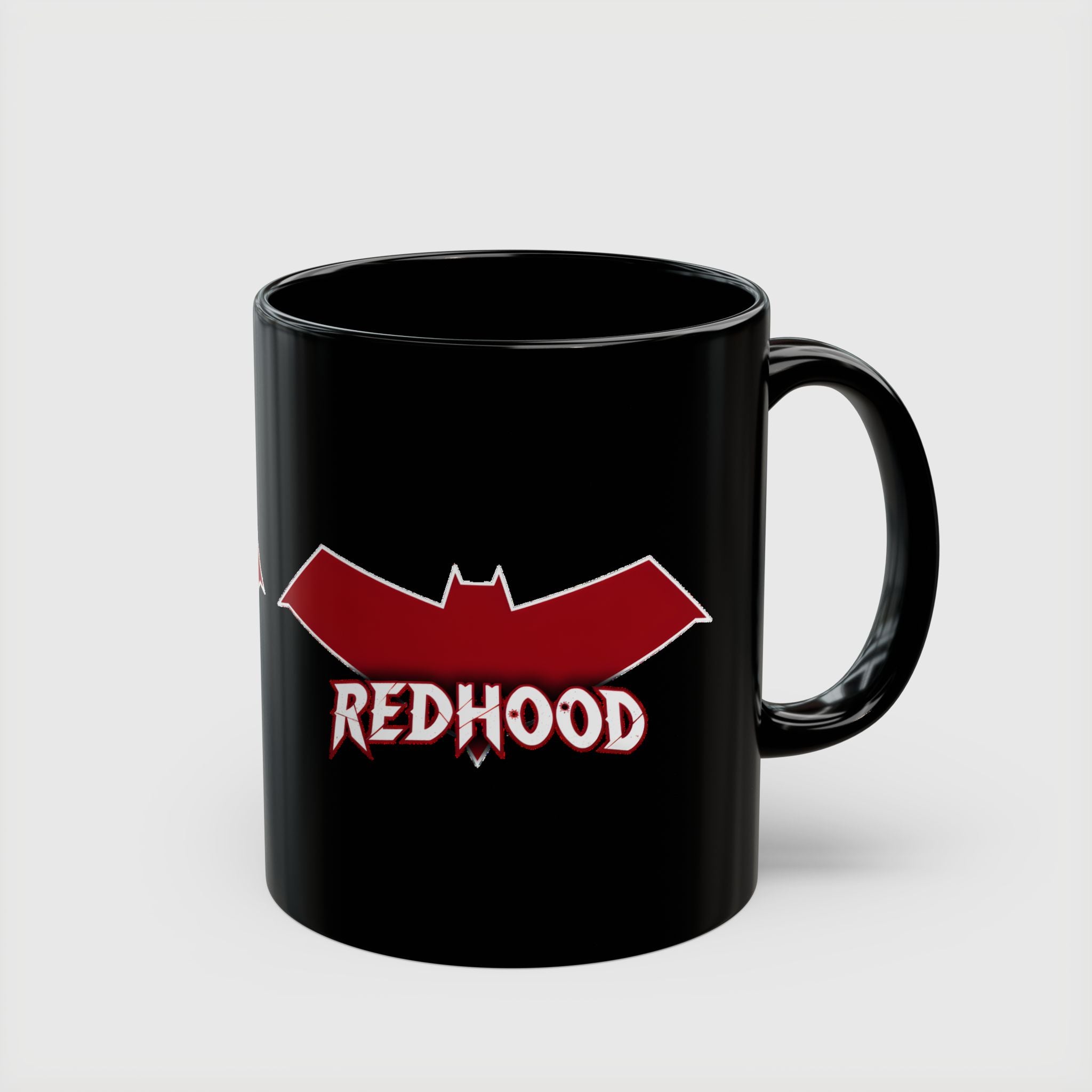 Red Hood Outlaw Symbol Black Ceramic Mug - Jason Todd Coffee Cup - Bold Red Bat Emblem Design - 11oz & 15oz