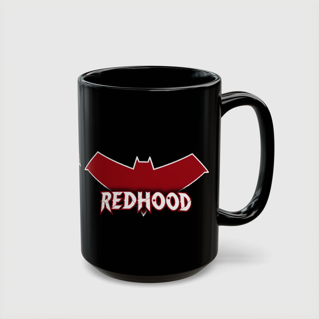 Red Hood Outlaw Symbol Black Ceramic Mug - Jason Todd Coffee Cup - Bold Red Bat Emblem Design - 11oz & 15oz
