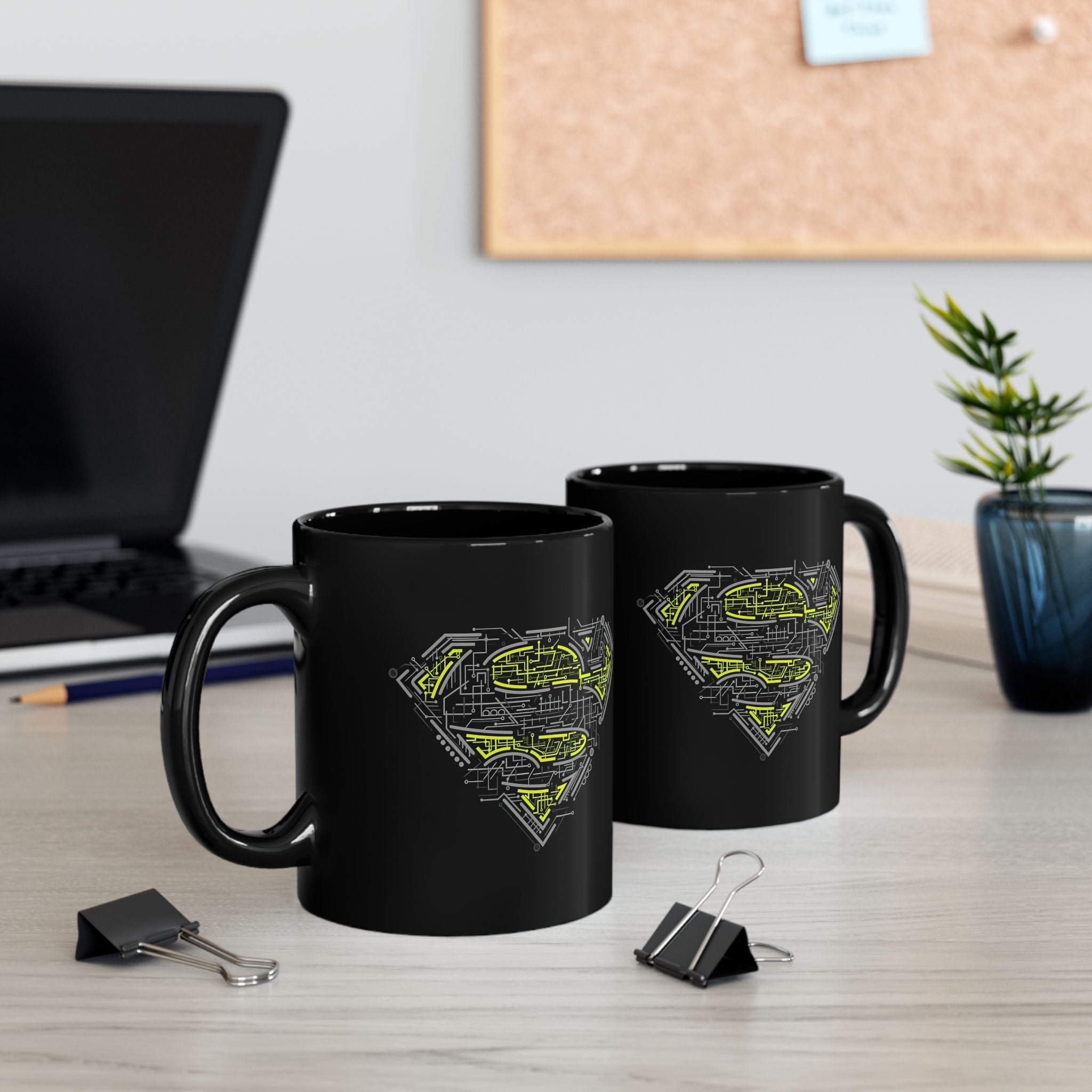 DC Superman Cyborg Logo Coffee Mug — Neon Tech Superman Shield Coffee Cup (11oz/15oz)