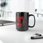 Justice League Logo Black Mug — Red Emblem Coffee Ceramic Cup (11oz/15oz)