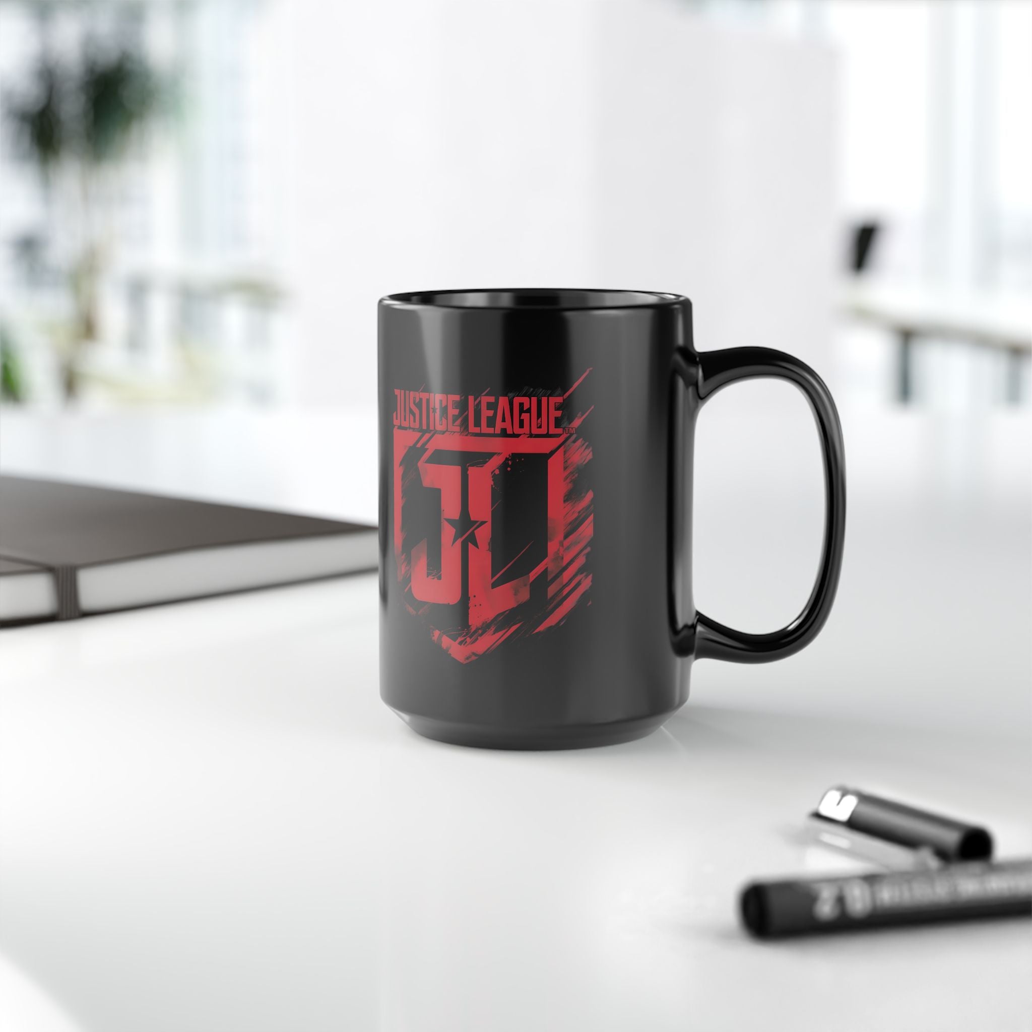 Justice League Logo Black Mug — Red Emblem Coffee Ceramic Cup (11oz/15oz)