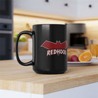 Red Hood Outlaw Symbol Black Ceramic Mug - Jason Todd Coffee Cup - Bold Red Bat Emblem Design - 11oz & 15oz