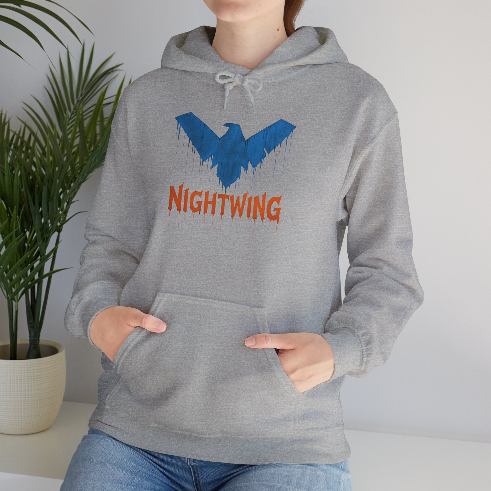 Nightwing Logo Hoodie — Dick Grayson Blue Bat Graphic Pullover