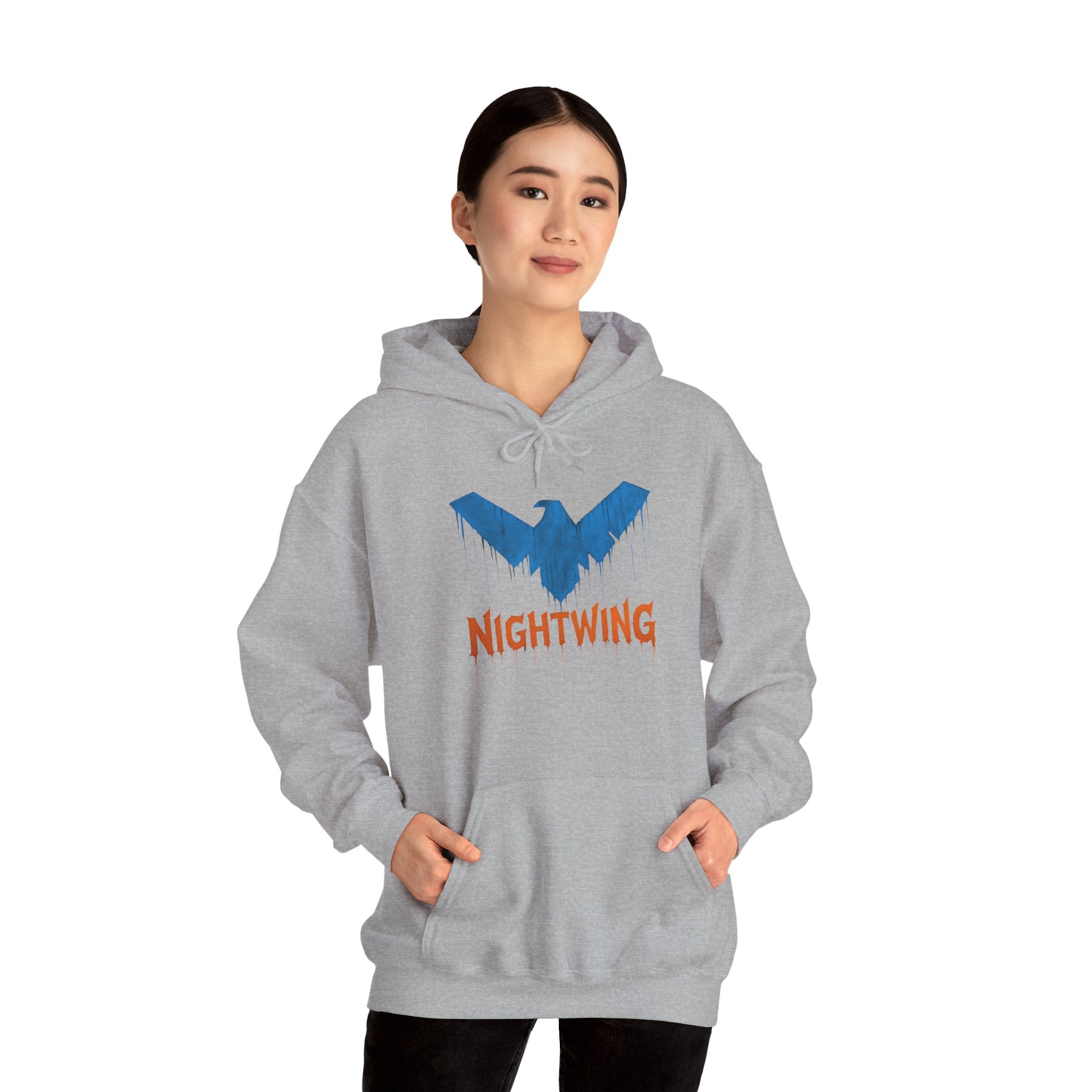 Nightwing Logo Hoodie — Dick Grayson Blue Bat Graphic Pullover